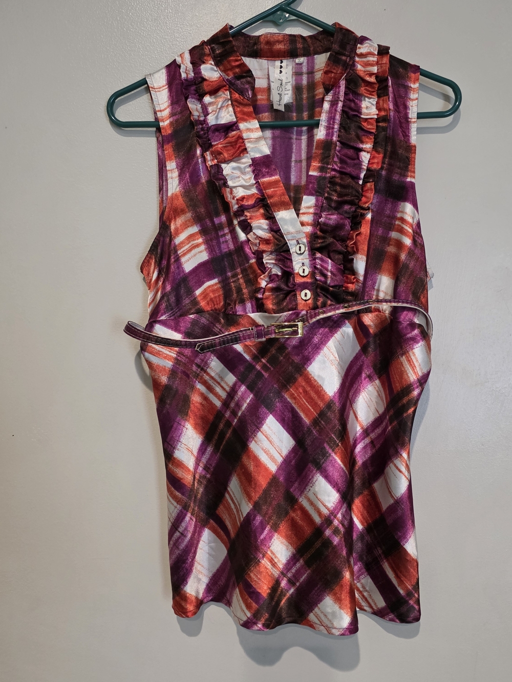 Heart Soul Plaid Sleeveless Top in Purple Orange White Ruffled Belted Summer L